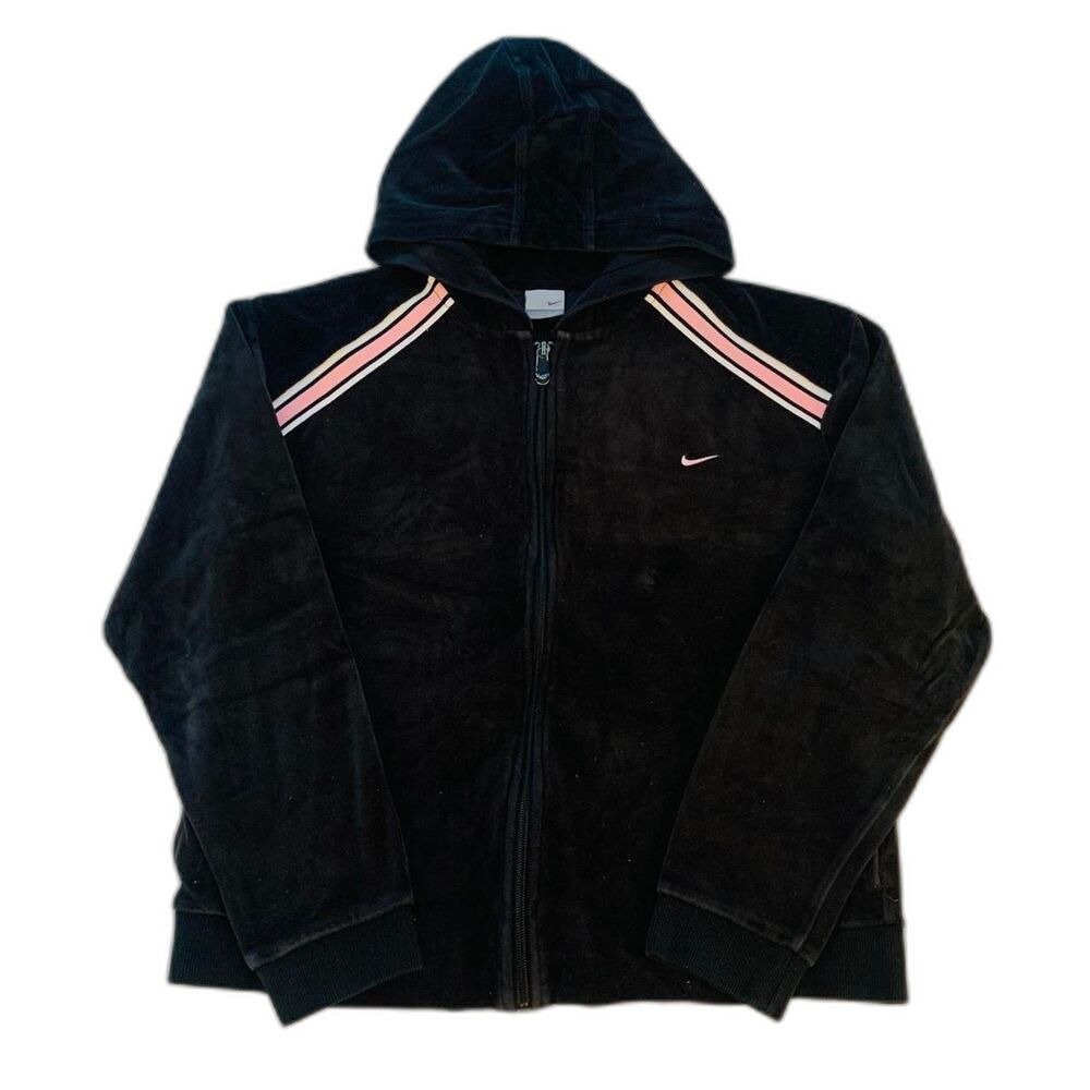 Nike Black Velour Zip-Up Hoodie – Pink & White Stripes – Women’s S